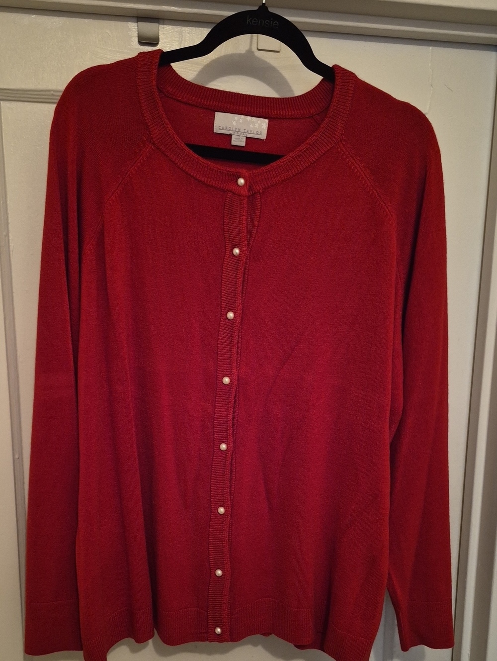 Carolyn Taylor Red Pearl-Button Crew Cardigan